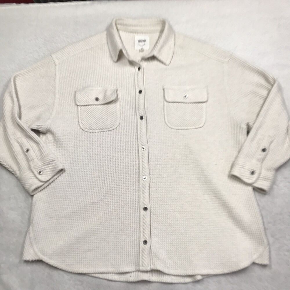 AERIE Lumber Jane Waffle Button Shirt Women M Ivory Thermal Oversize Layer